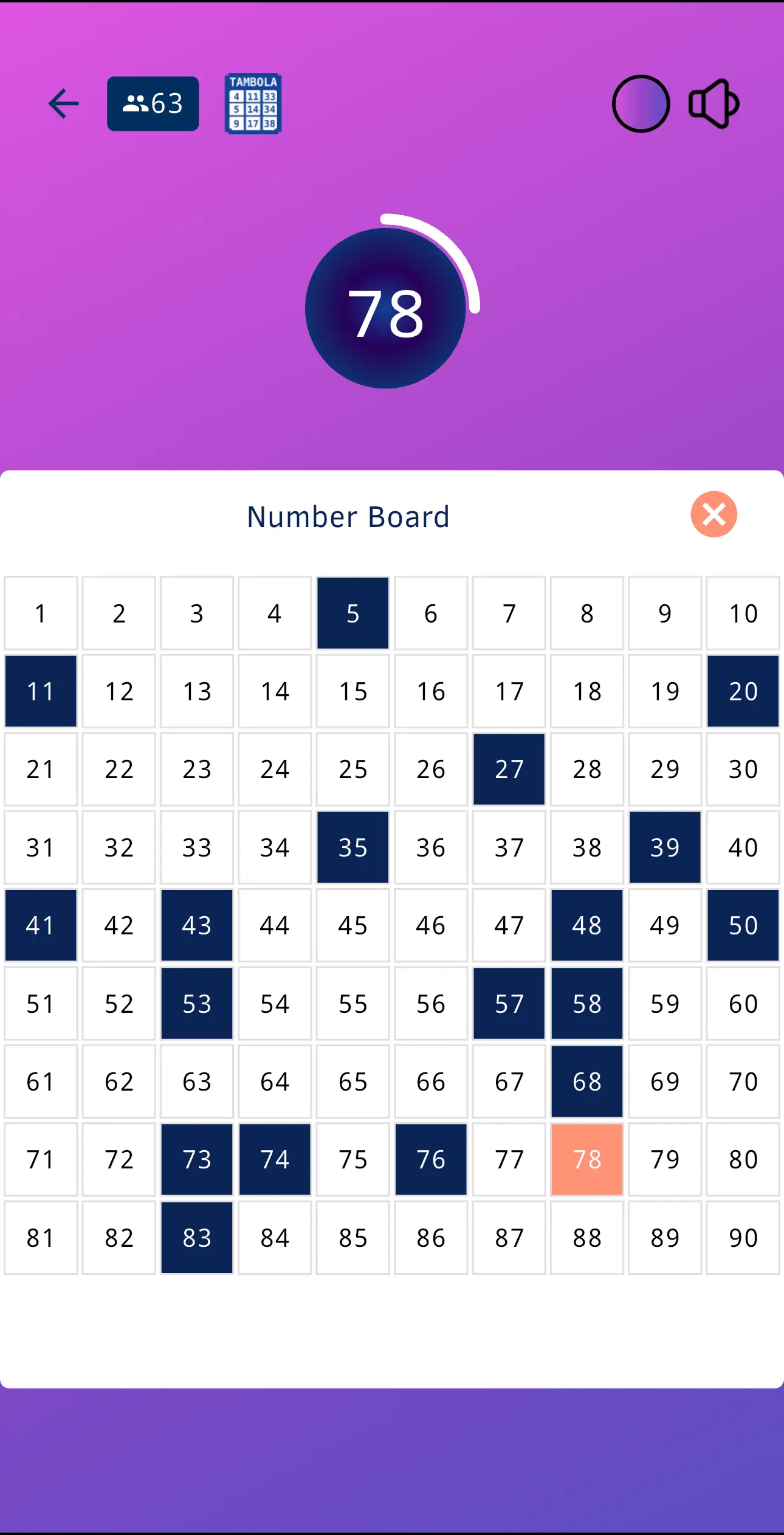 App Screenshot of the numberboard in a live game